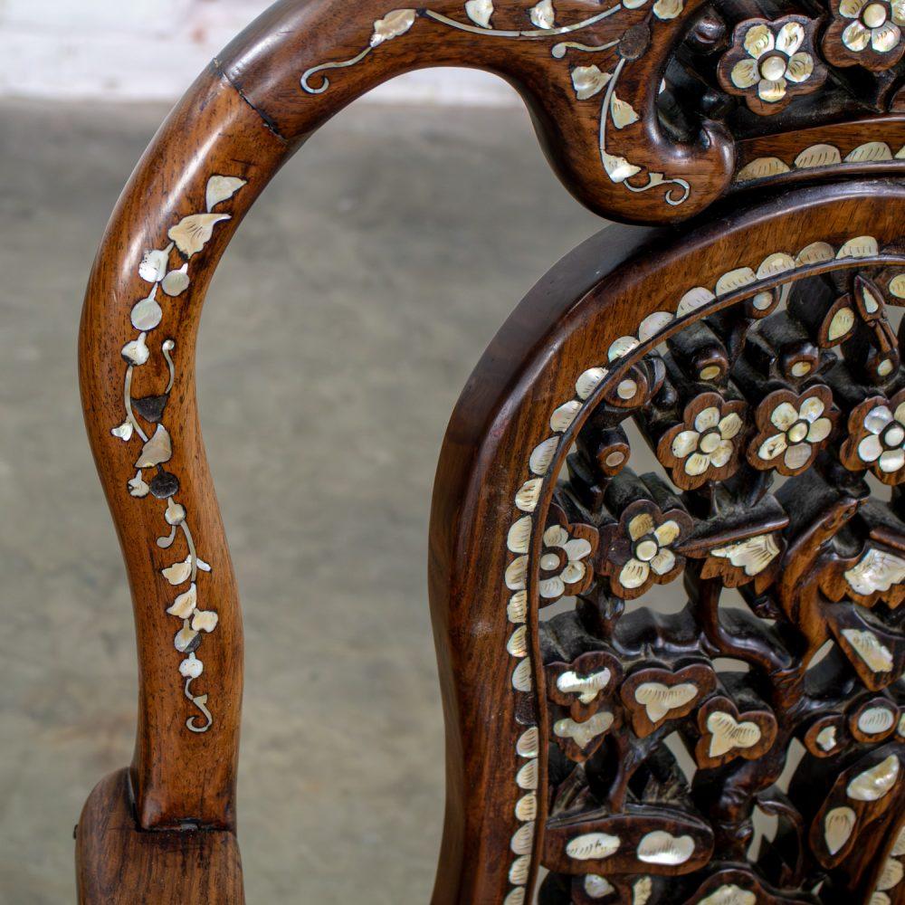 Late 19th to Early 20th Century Chinese Rosewood Armchair with Mother of Pearl Inlaid Details