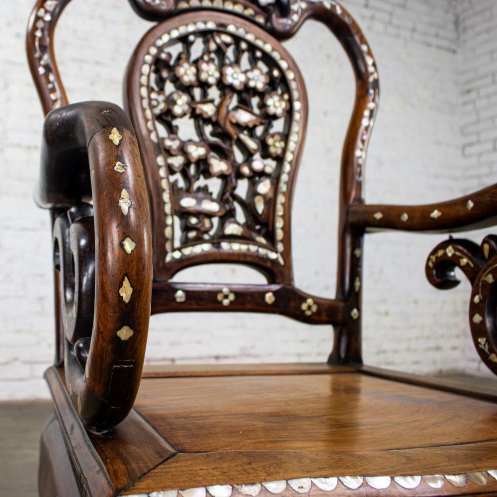 Late 19th to Early 20th Century Chinese Rosewood Armchair with Mother of Pearl Inlaid Details