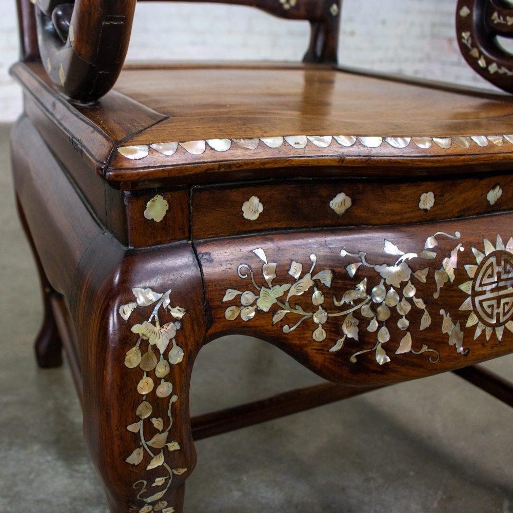 Late 19th to Early 20th Century Chinese Rosewood Armchair with Mother of Pearl Inlaid Details