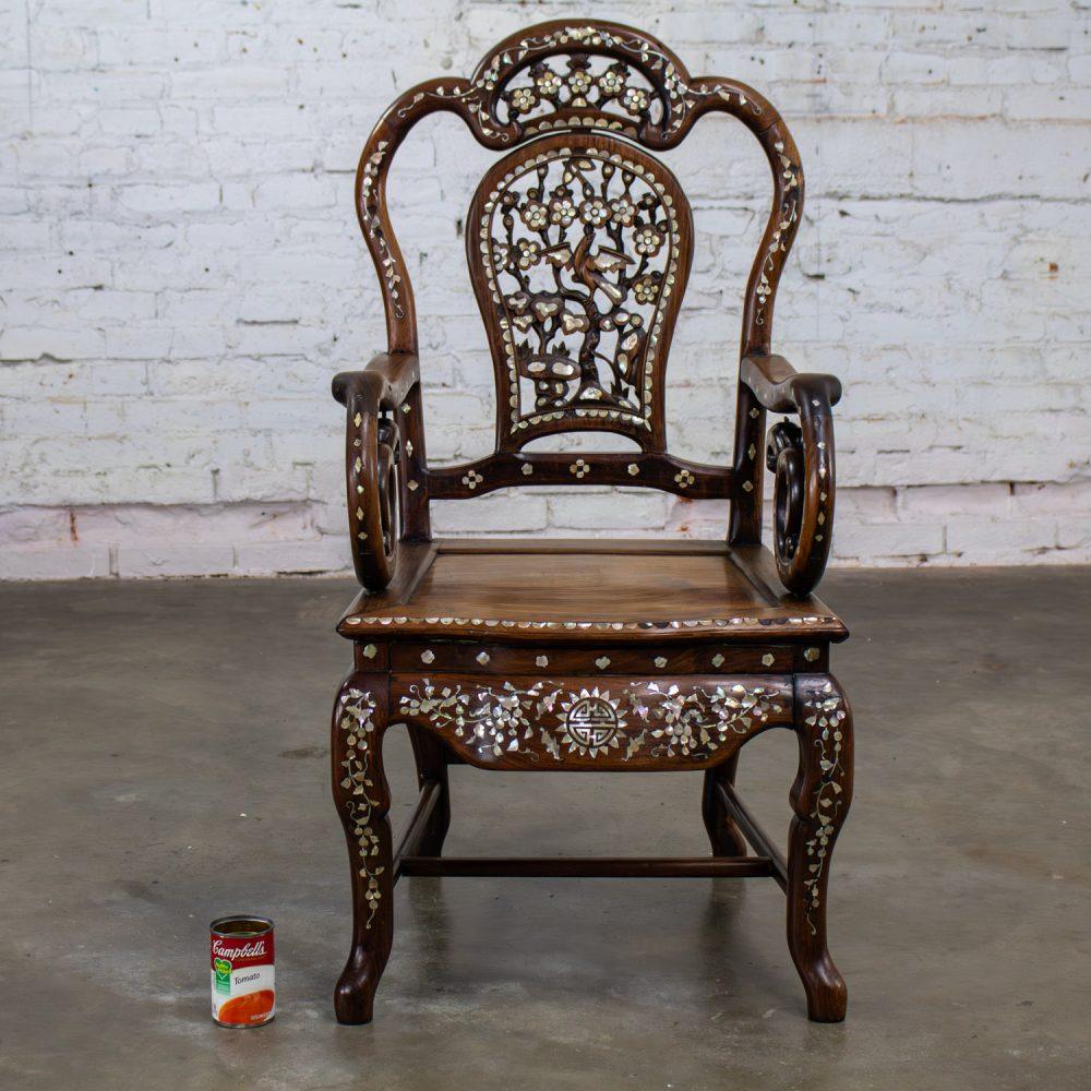 Late 19th to Early 20th Century Chinese Rosewood Armchair with Mother of Pearl Inlaid Details