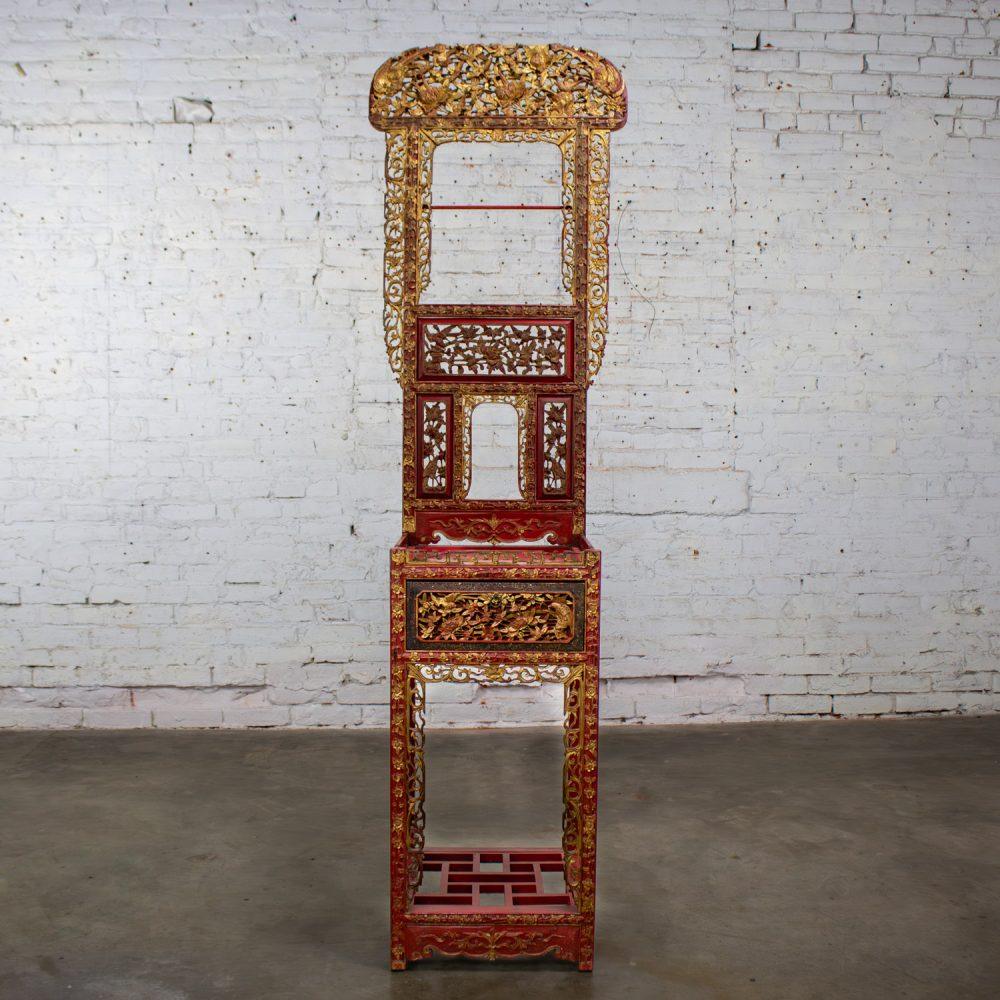 Late 19th to Early 20th Century Antique Chinese Wash Basin Stand Red Lacquer & Gilded w/Hand Carved Details