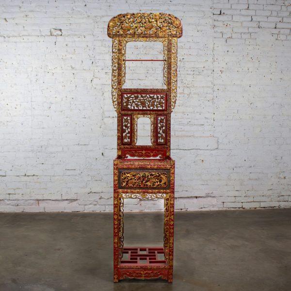 Late 19th to Early 20th Century Antique Chinese Wash Basin Stand Red Lacquer & Gilded w/Hand Carved Details