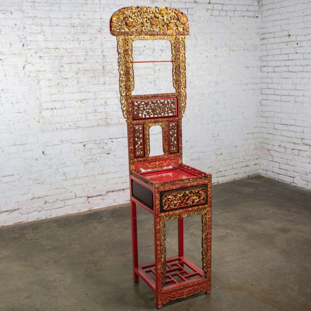 Late 19th to Early 20th Century Antique Chinese Wash Basin Stand Red Lacquer & Gilded w/Hand Carved Details