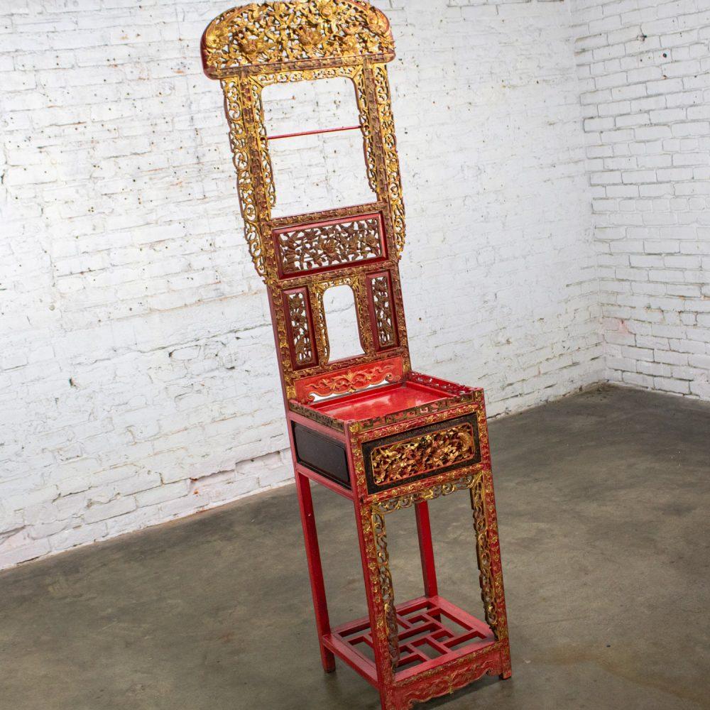 Late 19th to Early 20th Century Antique Chinese Wash Basin Stand Red Lacquer & Gilded w/Hand Carved Details