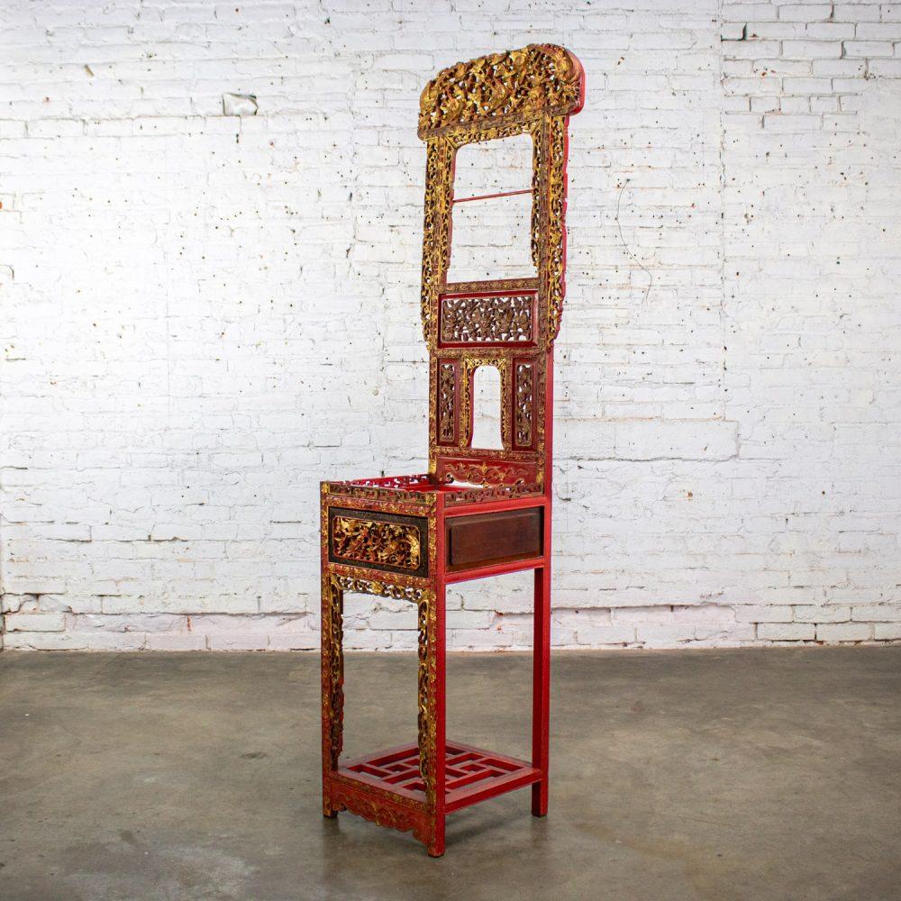 Late 19th to Early 20th Century Antique Chinese Wash Basin Stand Red Lacquer & Gilded w/Hand Carved Details