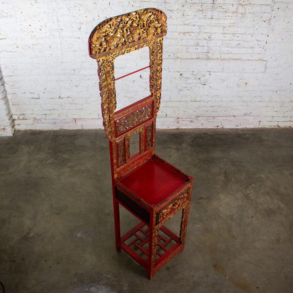 Late 19th to Early 20th Century Antique Chinese Wash Basin Stand Red Lacquer & Gilded w/Hand Carved Details