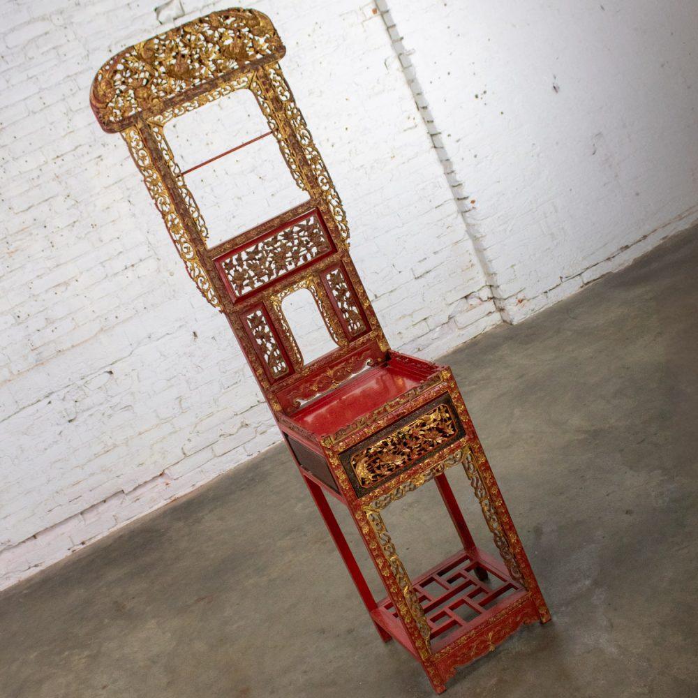 Late 19th to Early 20th Century Antique Chinese Wash Basin Stand Red Lacquer & Gilded w/Hand Carved Details