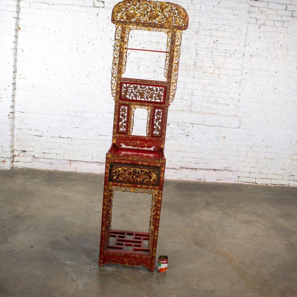 Late 19th to Early 20th Century Antique Chinese Wash Basin Stand Red Lacquer & Gilded w/Hand Carved Details