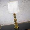 Mid-20th Century Chinoiserie Hollywood Regency Table Lamp Cast Brass w/Damask Fabric Shade