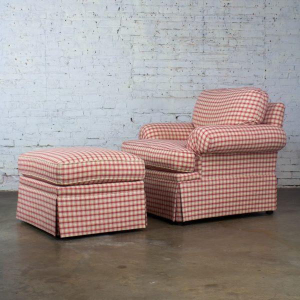 Late 20th to Early 21st Century Traditional Accent Chair & Ottoman Red & White Plaid by Highland House