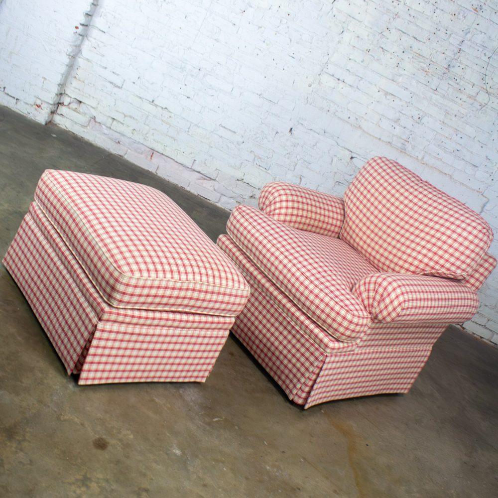 Late 20th to Early 21st Century Traditional Accent Chair & Ottoman Red & White Plaid by Highland House