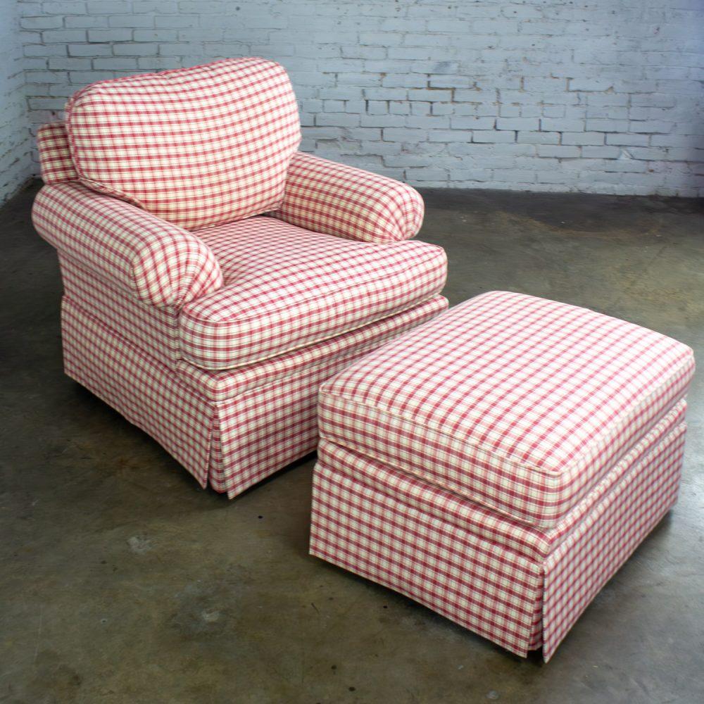 Late 20th to Early 21st Century Traditional Accent Chair & Ottoman Red & White Plaid by Highland House