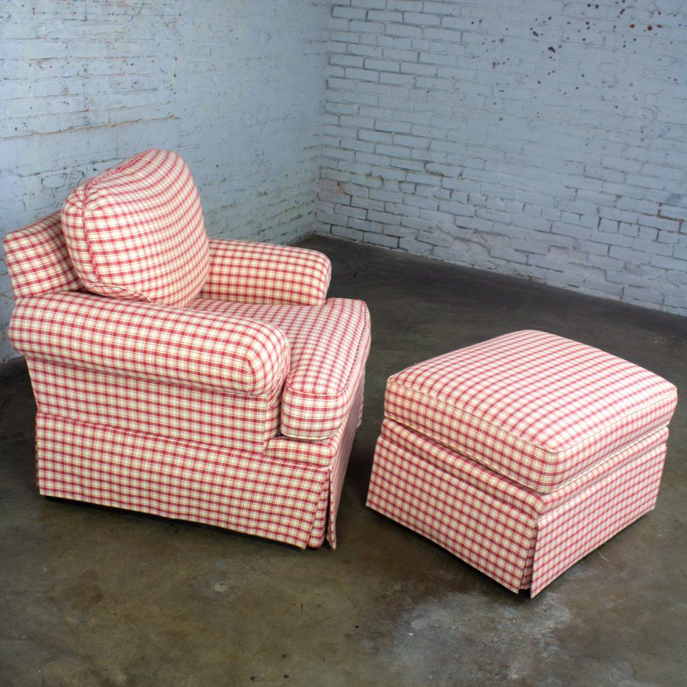 Late 20th to Early 21st Century Traditional Accent Chair & Ottoman Red & White Plaid by Highland House