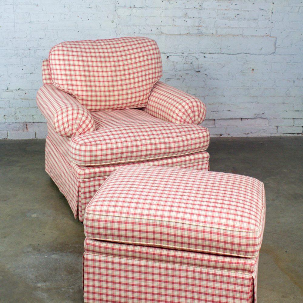 Late 20th to Early 21st Century Traditional Accent Chair & Ottoman Red & White Plaid by Highland House