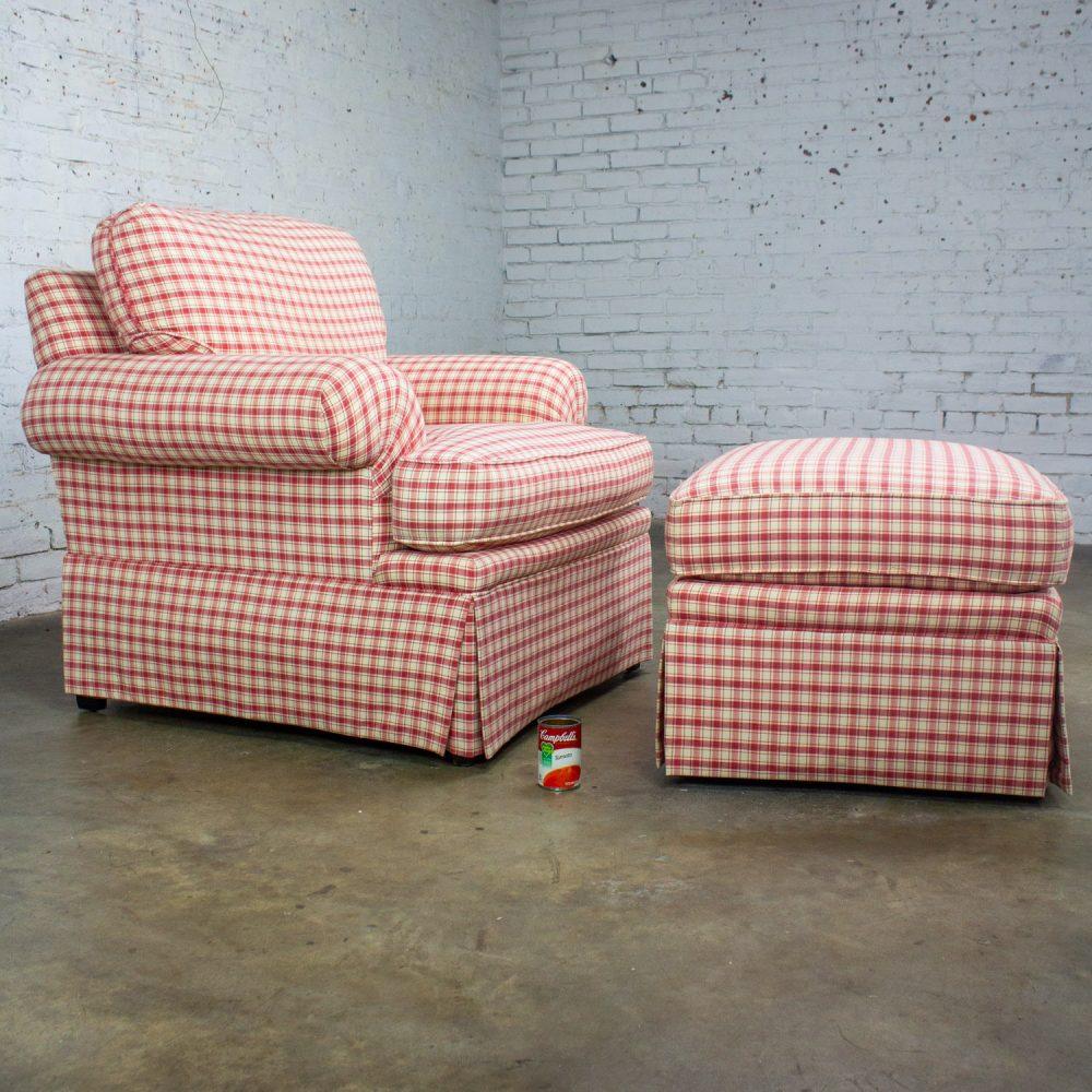 Late 20th to Early 21st Century Traditional Accent Chair & Ottoman Red & White Plaid by Highland House