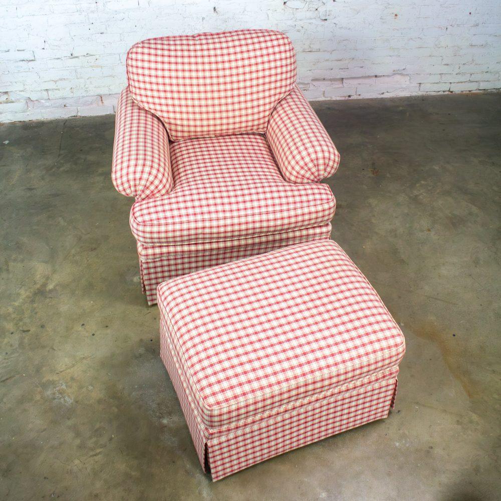 Late 20th to Early 21st Century Traditional Accent Chair & Ottoman Red & White Plaid by Highland House