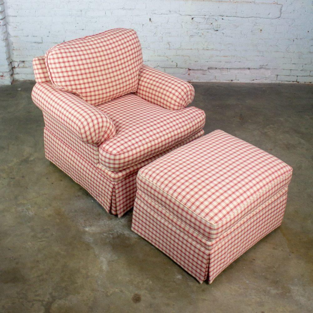 Late 20th to Early 21st Century Traditional Accent Chair & Ottoman Red & White Plaid by Highland House