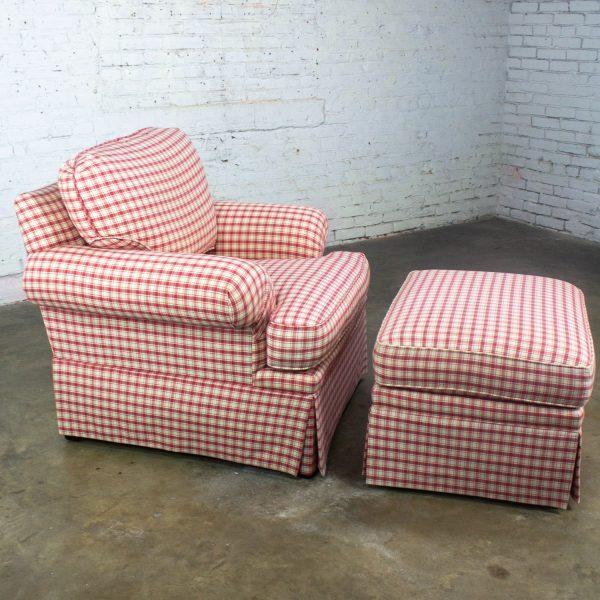 Late 20th to Early 21st Century Traditional Accent Chair & Ottoman Red & White Plaid by Highland House