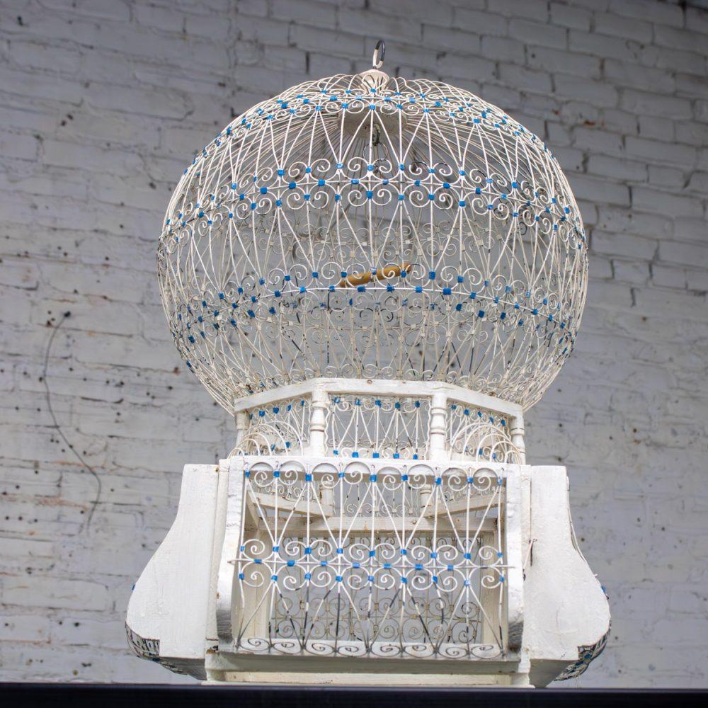 Early 20th Century Decorative Bird Cage Rustic North African Tunisian French Colonial White & Blue