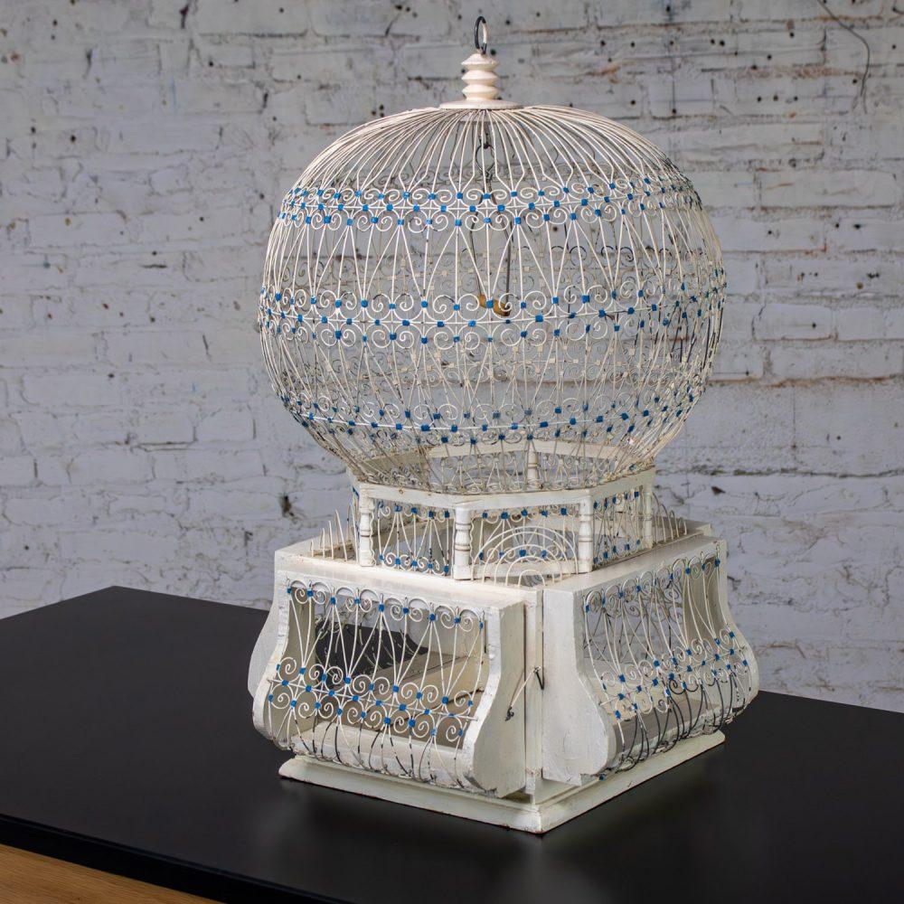 Early 20th Century Decorative Bird Cage Rustic North African Tunisian French Colonial White & Blue