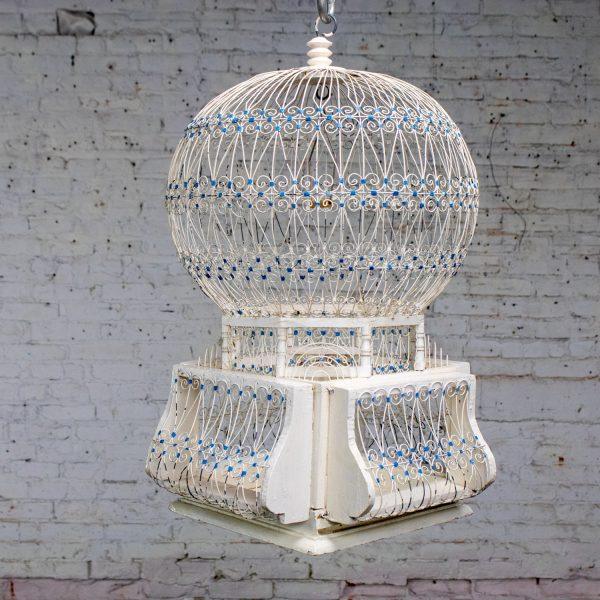 Early 20th Century Decorative Bird Cage Rustic North African Tunisian French Colonial White & Blue