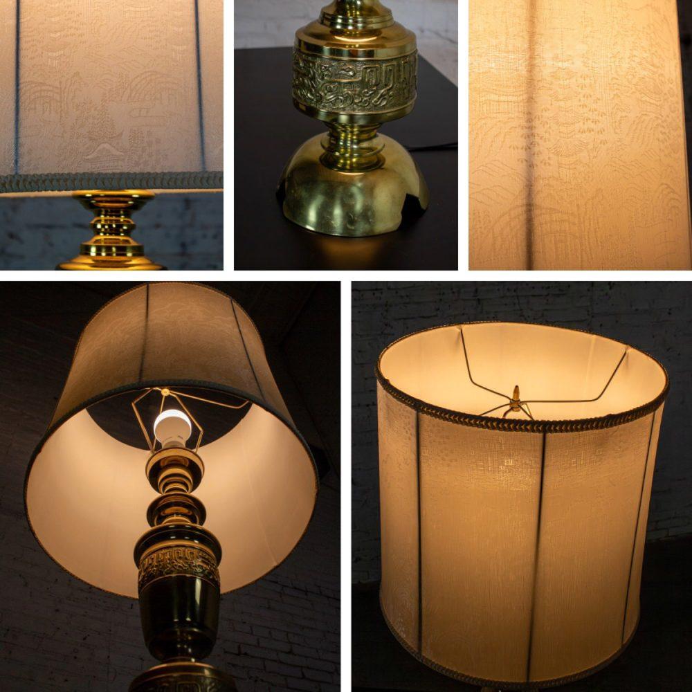 Mid-20th Century Chinoiserie Hollywood Regency Table Lamp Cast Brass w/Damask Fabric Shade