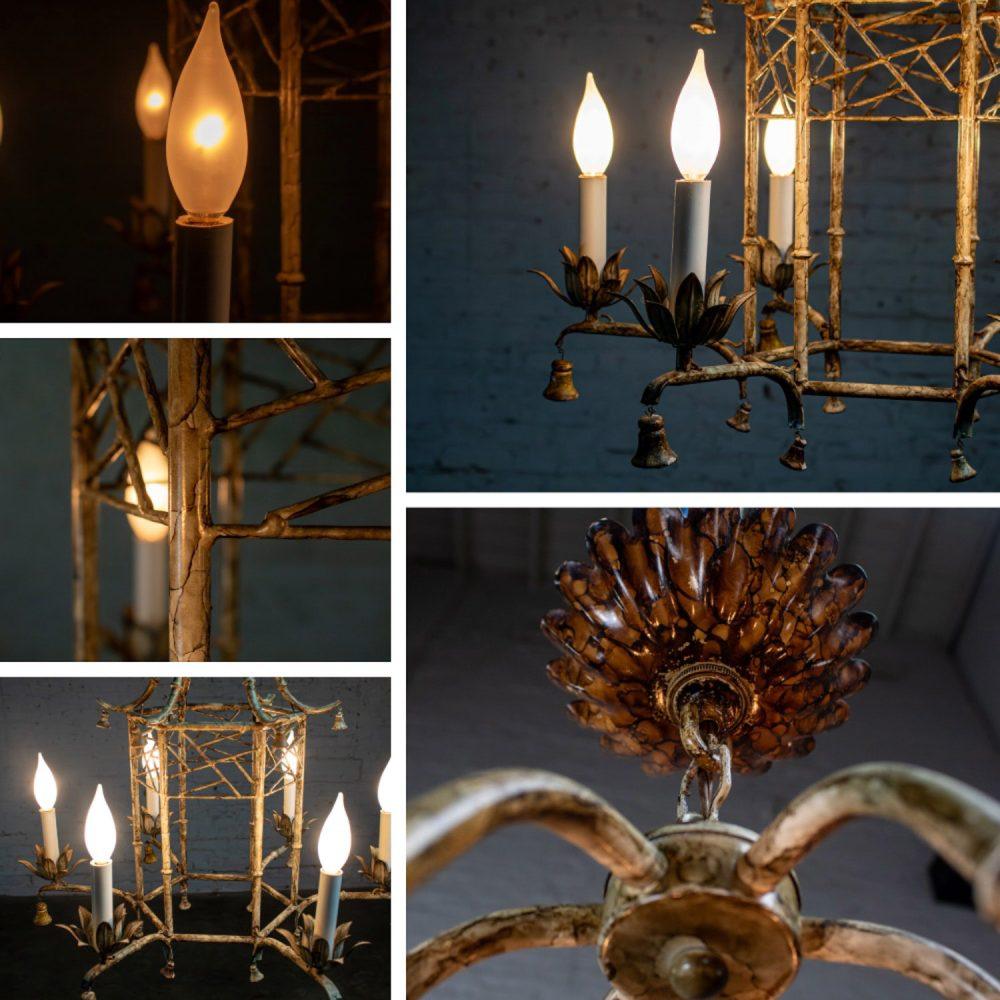 Mid-20th Century Chandelier Hollywood Regency Chinoiserie Antiqued Finish Faux Bamboo Fixture Body