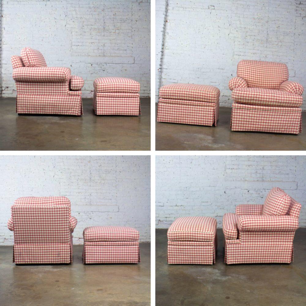 Late 20th to Early 21st Century Traditional Accent Chair & Ottoman Red & White Plaid by Highland House