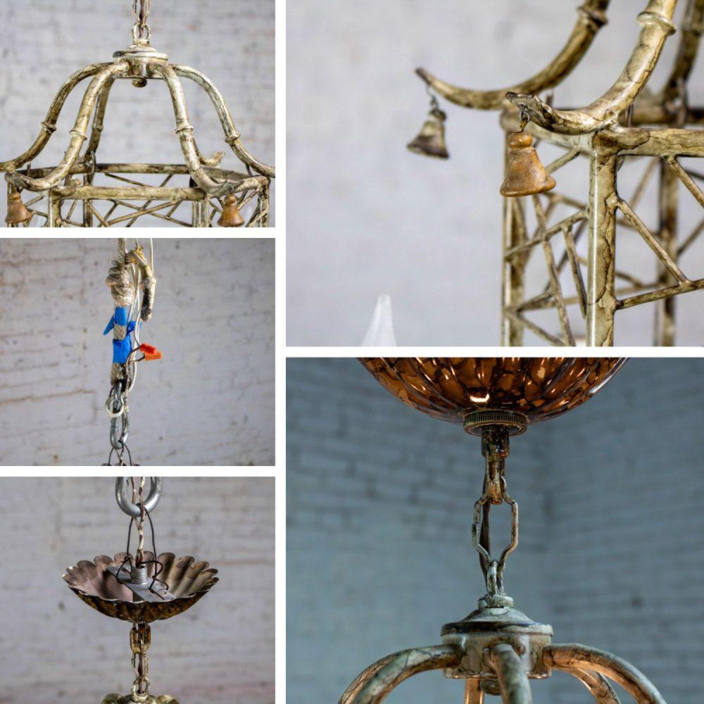 Mid-20th Century Chandelier Hollywood Regency Chinoiserie Antiqued Finish Faux Bamboo Fixture Body
