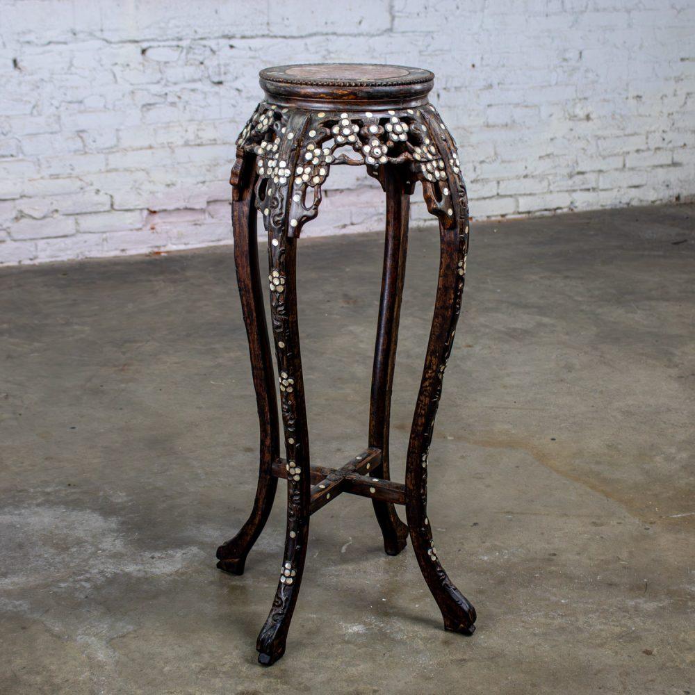 Late 19th to Early 20th Century Chinese Rosewood Plant Stand or Pedestal Table with Mother of Pearl Details