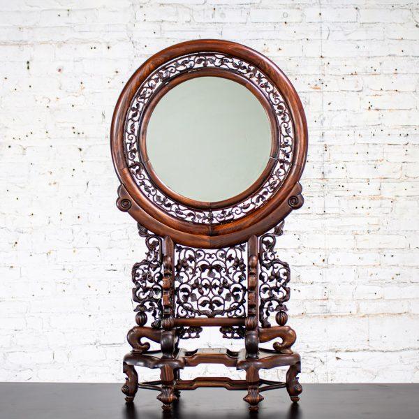 Late 19th to Early 20th Century Antique Chinese Mirror Table Screen Hand Carved Rosewood