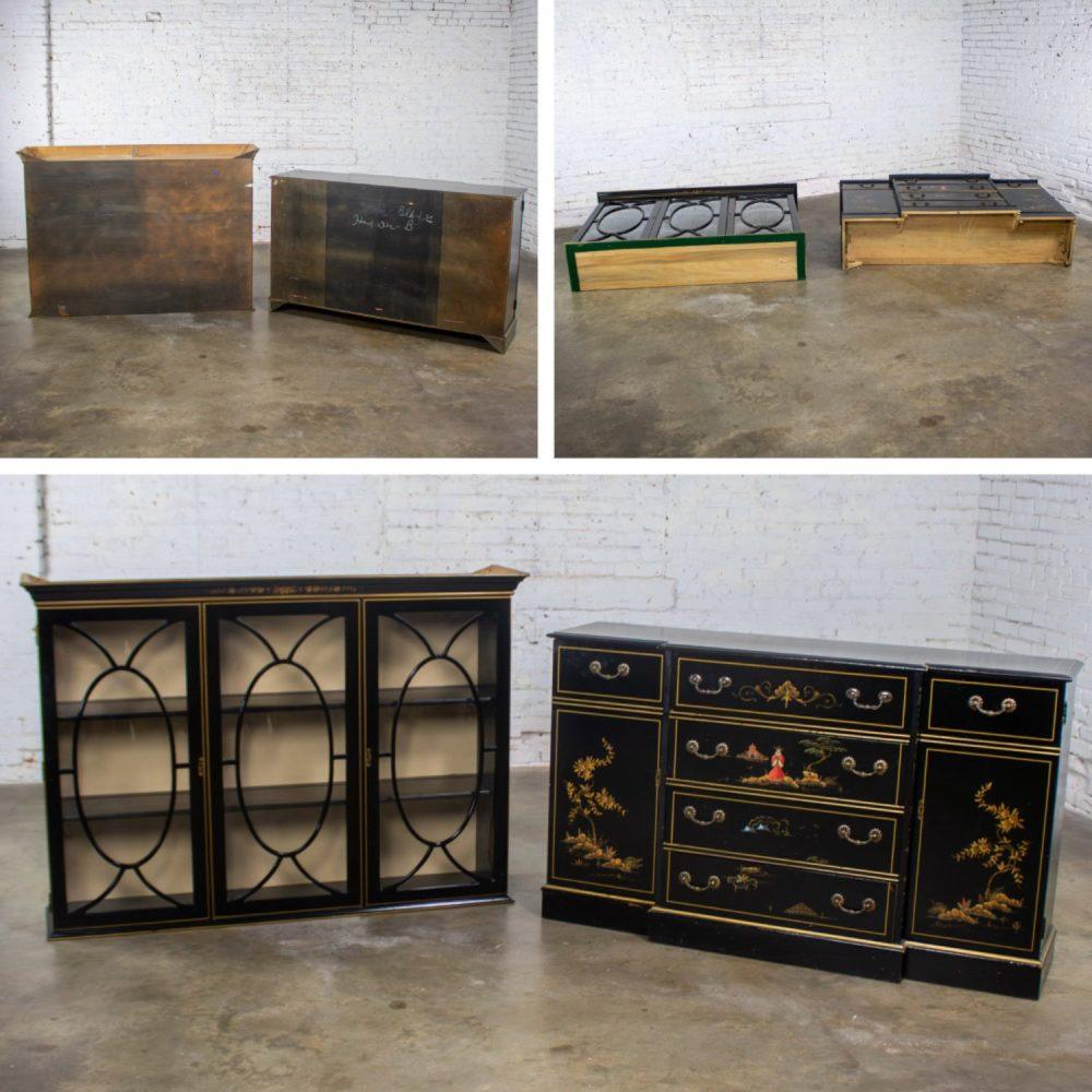 Mid-20th Century Chinoiserie Breakfront China Cabinet or Drop Front Secretary Bookcase Black Lacquer & Hand Painted Details