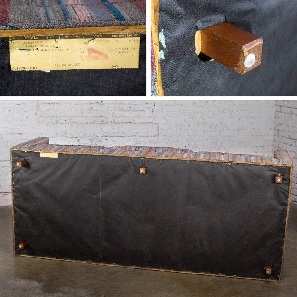 1987 Modern Tuxedo Style Sofa by Thomasville Navy, Gray, Lavender, & Red Striped Upholstery