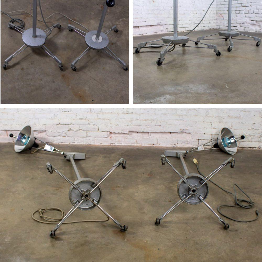 Mid-20th Century Industrial Surgical Floor Lamps Metal Frames & 4 Prong Bases w/Casters by Wilmot Castle Co.