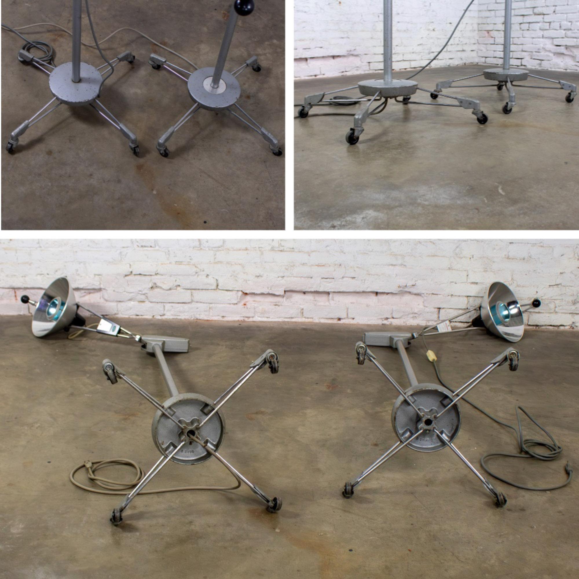 Mid-20th Century Industrial Surgical Floor Lamps Metal Frames & 4 Prong Bases w/Casters by Wilmot Castle Co.
