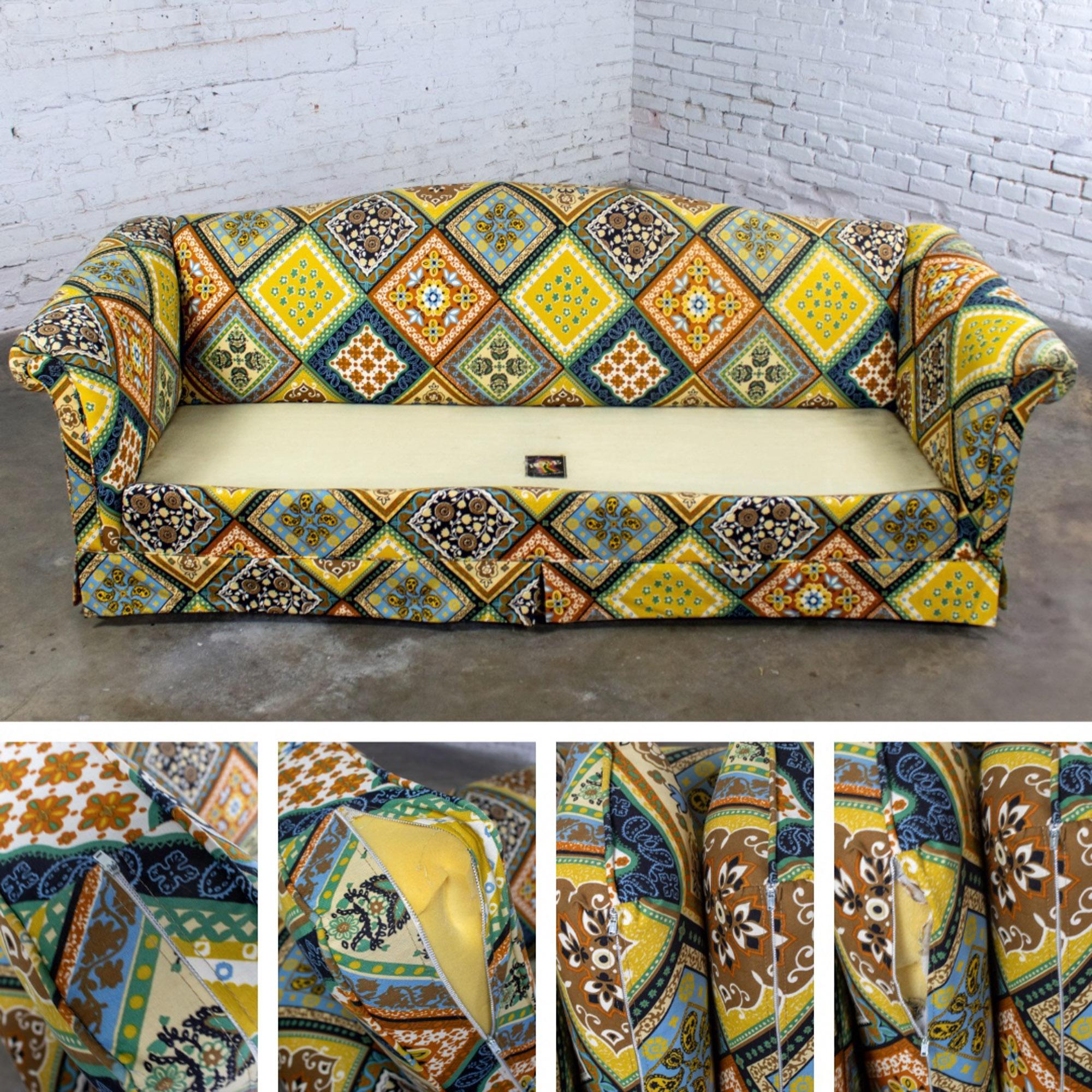 Late 20th Century Camelback Sofa w/Multicolored Patchwork Fabric & Tight Back by Rowe Furniture