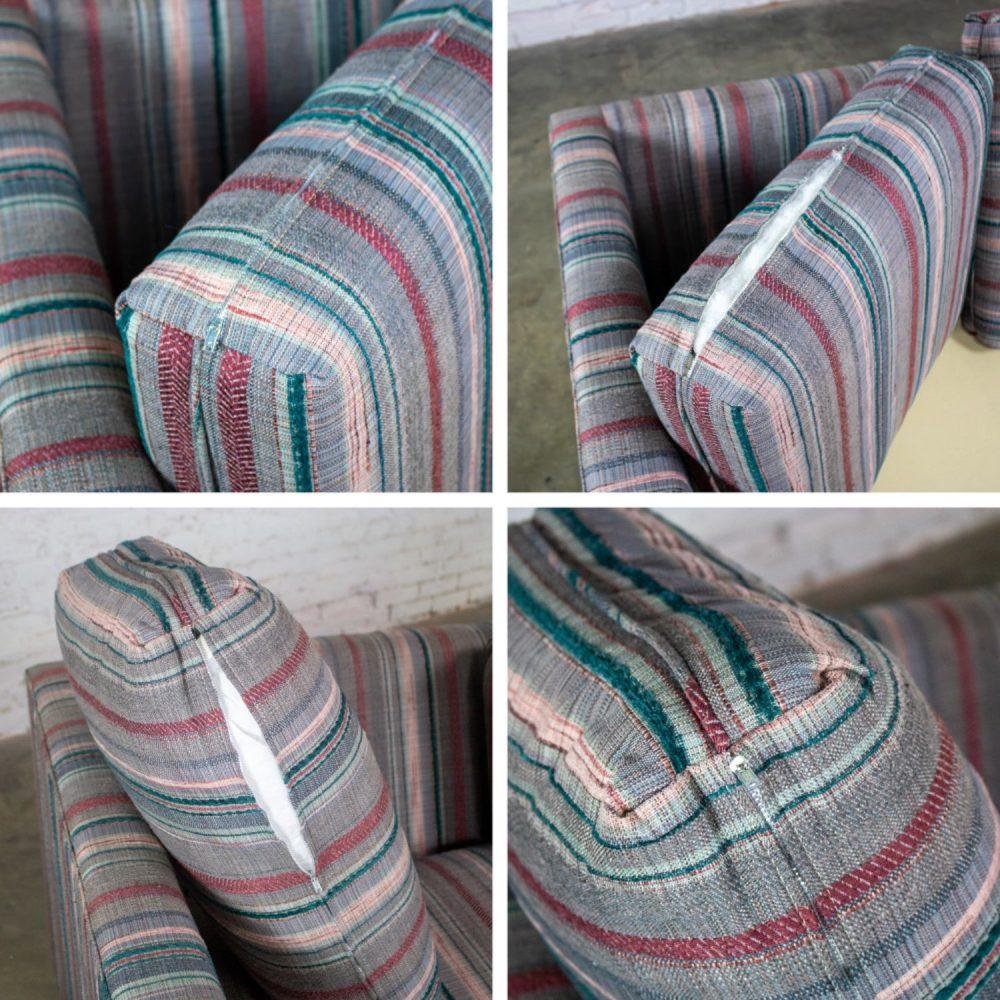 1987 Modern Tuxedo Style Sofa by Thomasville Navy, Gray, Lavender, & Red Striped Upholstery