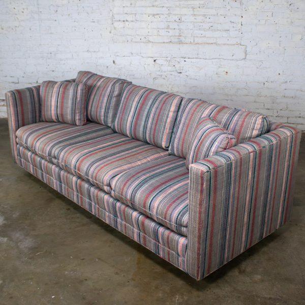 1987 Modern Tuxedo Style Sofa by Thomasville Navy, Gray, Lavender, & Red Striped Upholstery
