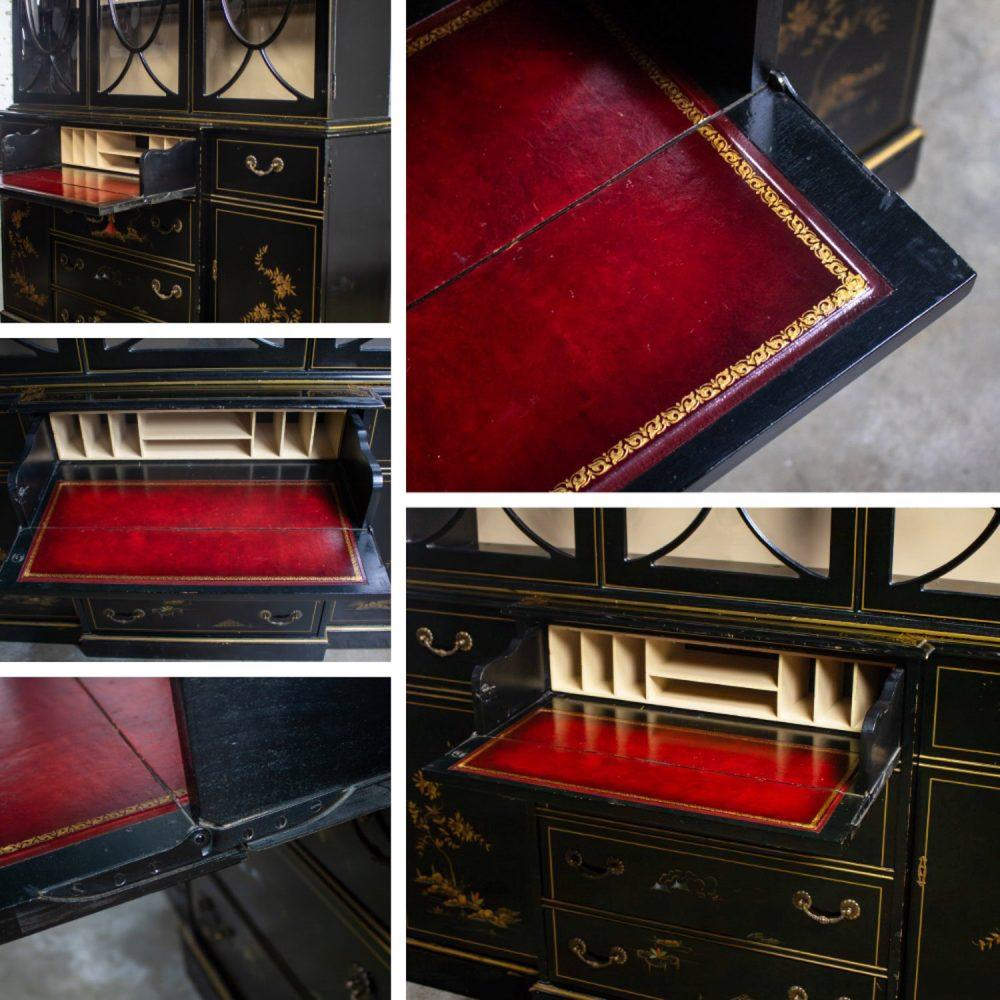 Mid-20th Century Chinoiserie Breakfront China Cabinet or Drop Front Secretary Bookcase Black Lacquer & Hand Painted Details
