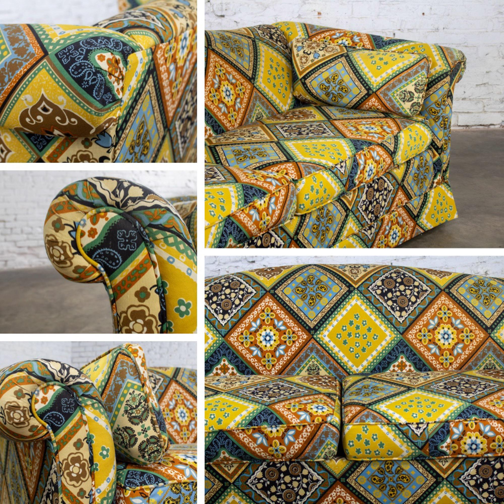 Late 20th Century Camelback Sofa w/Multicolored Patchwork Fabric & Tight Back by Rowe Furniture