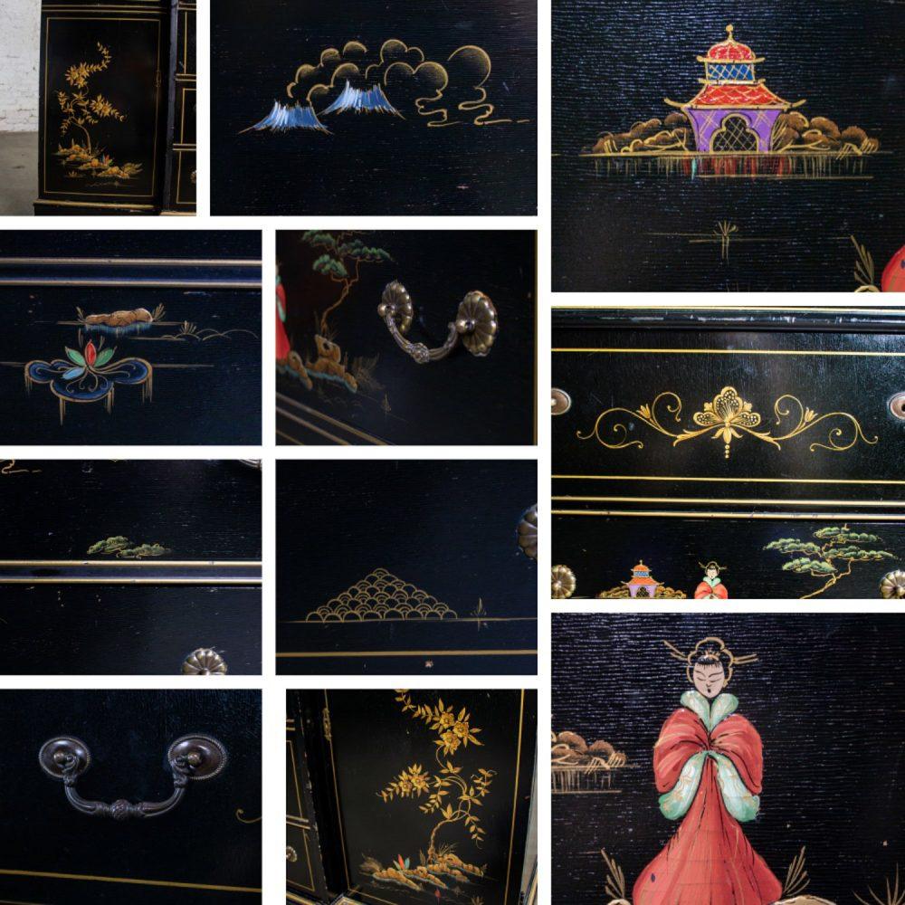 Mid-20th Century Chinoiserie Breakfront China Cabinet or Drop Front Secretary Bookcase Black Lacquer & Hand Painted Details