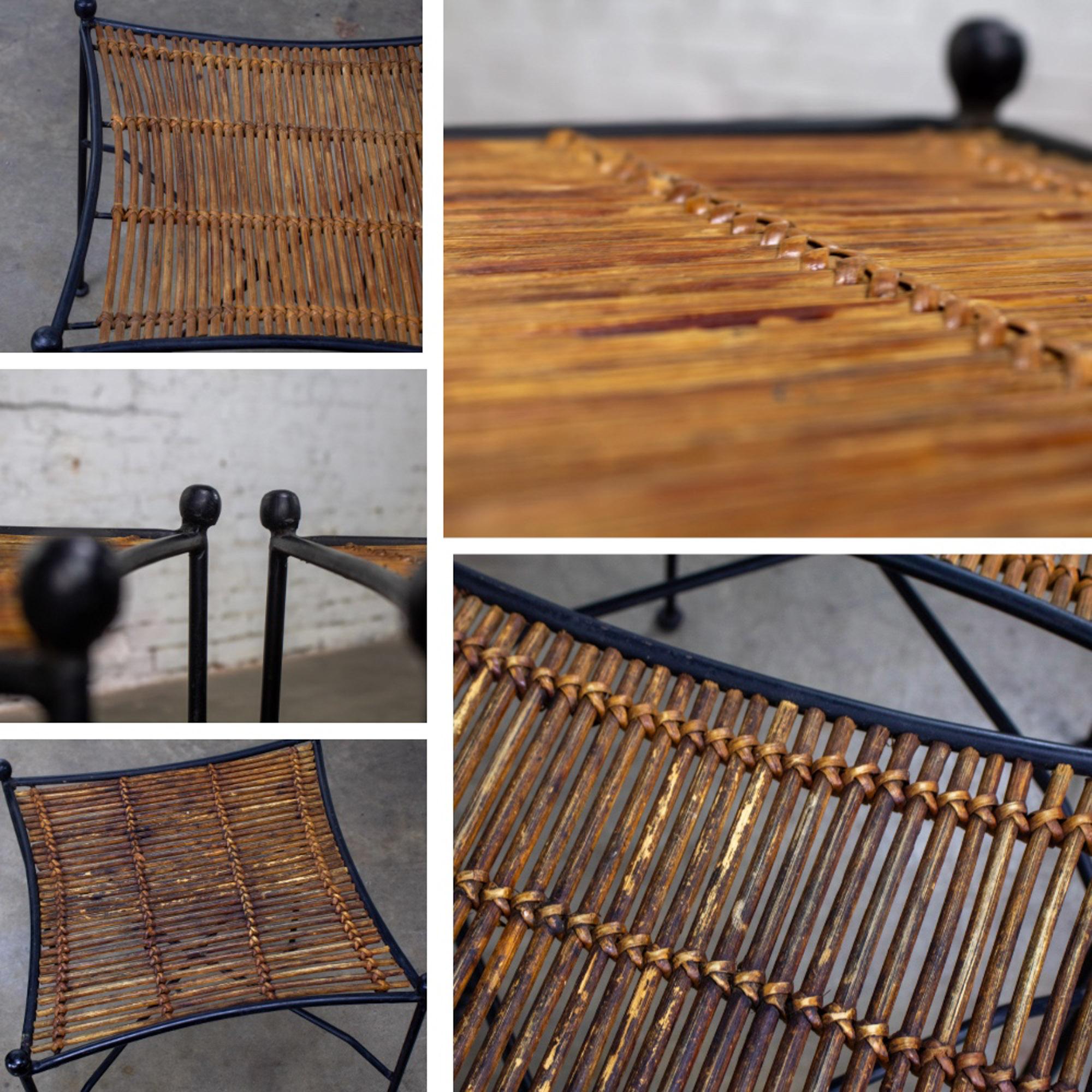 Mid-20th Century MCM Pair End Tables Attr. Pipsan Saarinen Swansen for Ficks Reed Sol-Air Line Black Iron & Reeded Rattan