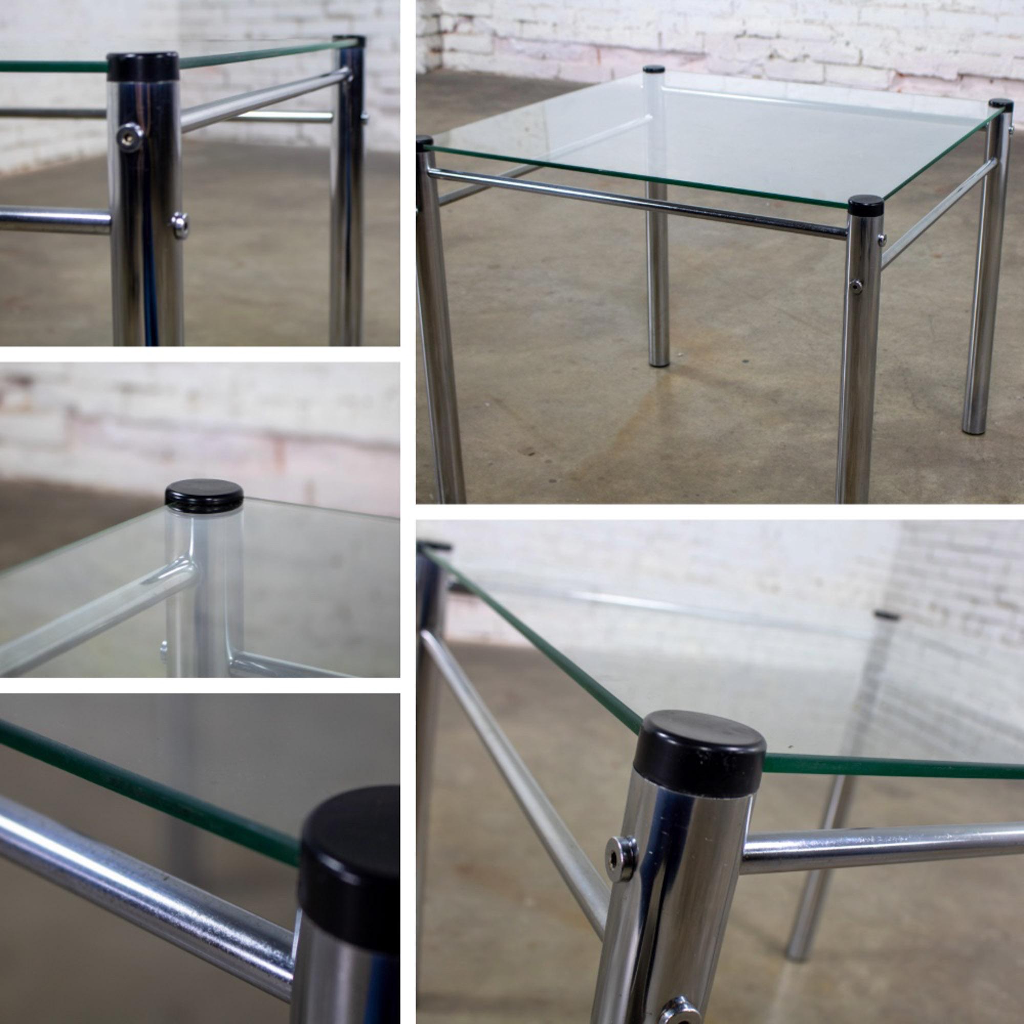 1970’s Modern Square End or Side Table by James David Cylindrical Chrome Tube Frame & Glass Top