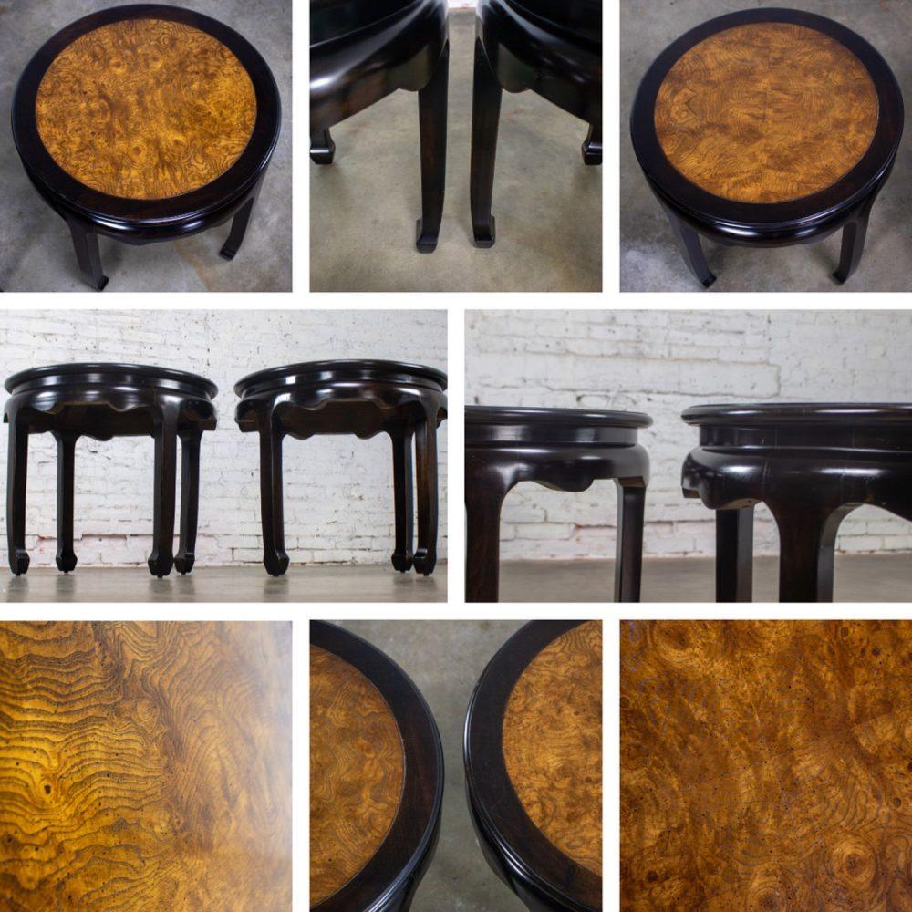 Late 20th Century Chinoiserie Pair of Round End Tables Ebony & Burl Chin Hua Collection by Raymond K. Sabota for Century Furniture