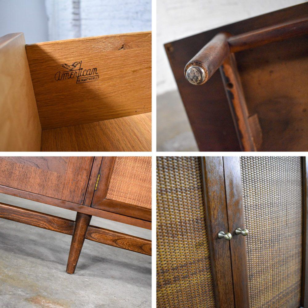 Mid-20th Century Mid-Century Modern Dresser American of Martinsville Accord Walnut & Cane w/ X’s & Asymmetric Handles