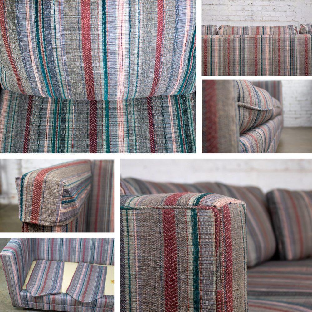 1987 Modern Tuxedo Style Sofa by Thomasville Navy, Gray, Lavender, & Red Striped Upholstery