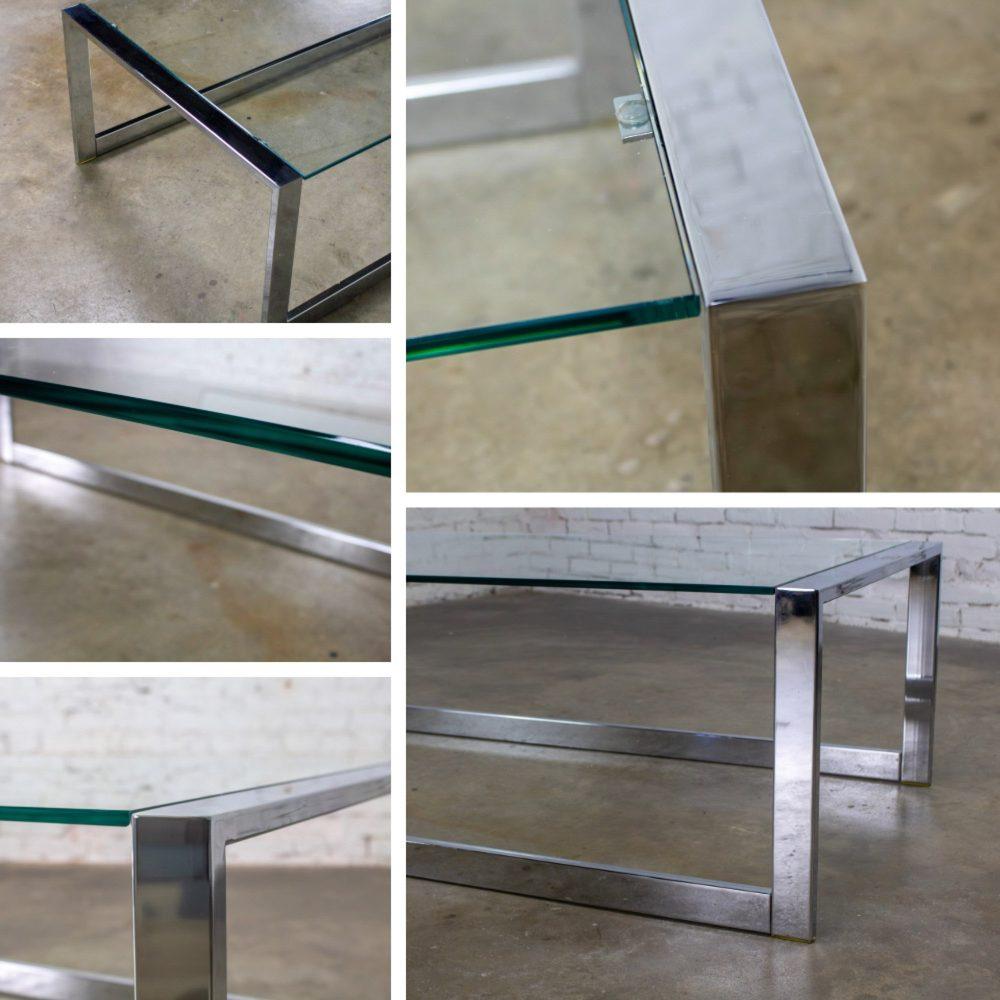 1970’s Mid-Century Modern to Modern Large Coffee Table Rectangular Chrome Tube Frame w/ Sled Base & Glass Top