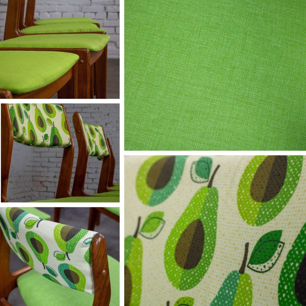 1970’s Scandinavian Modern Dining Chairs by D Scan w/ Teak Frames & Avocado Fabric Set of 4