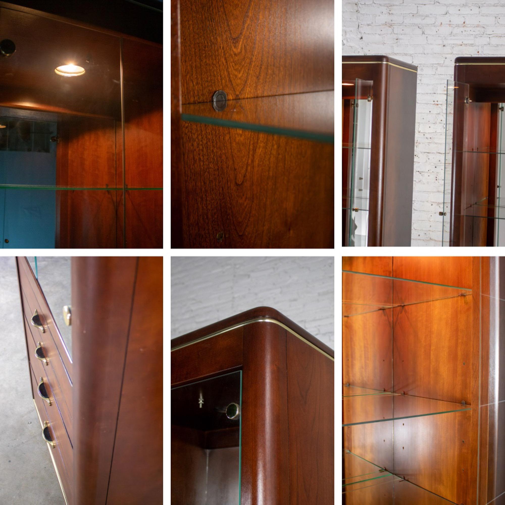 Late 20th Century Modern Pair Lighted Display Cabinets by Bassett Furniture Cherrywood & Brass