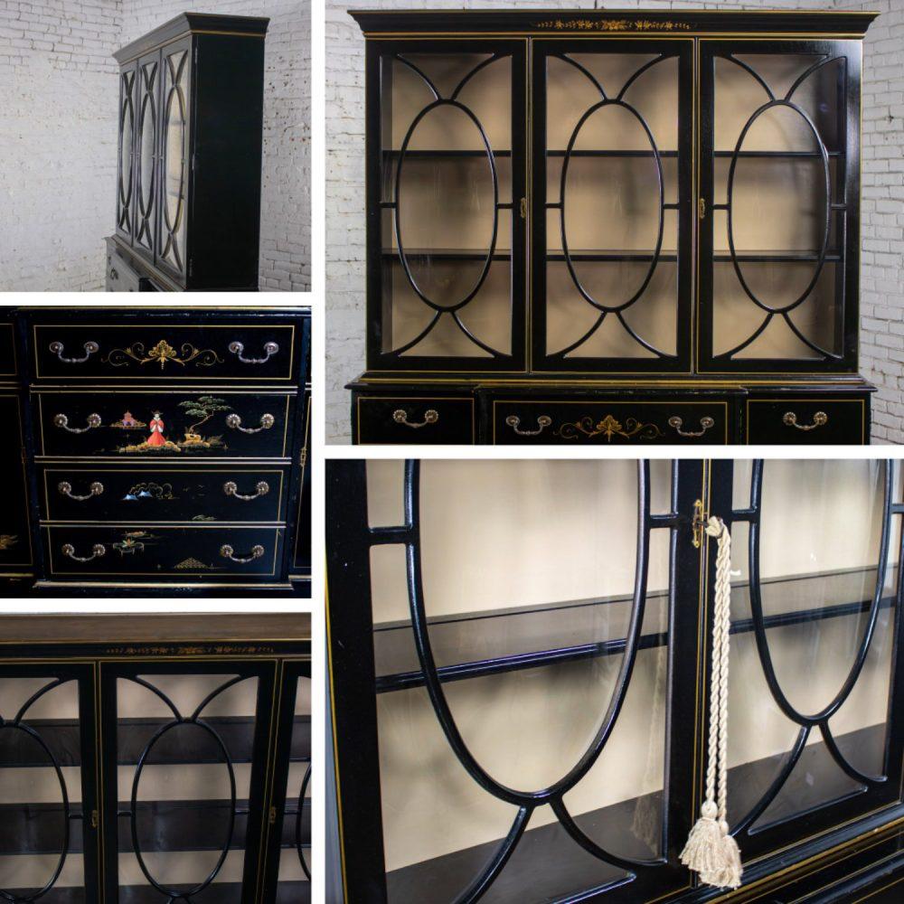 Mid-20th Century Chinoiserie Breakfront China Cabinet or Drop Front Secretary Bookcase Black Lacquer & Hand Painted Details